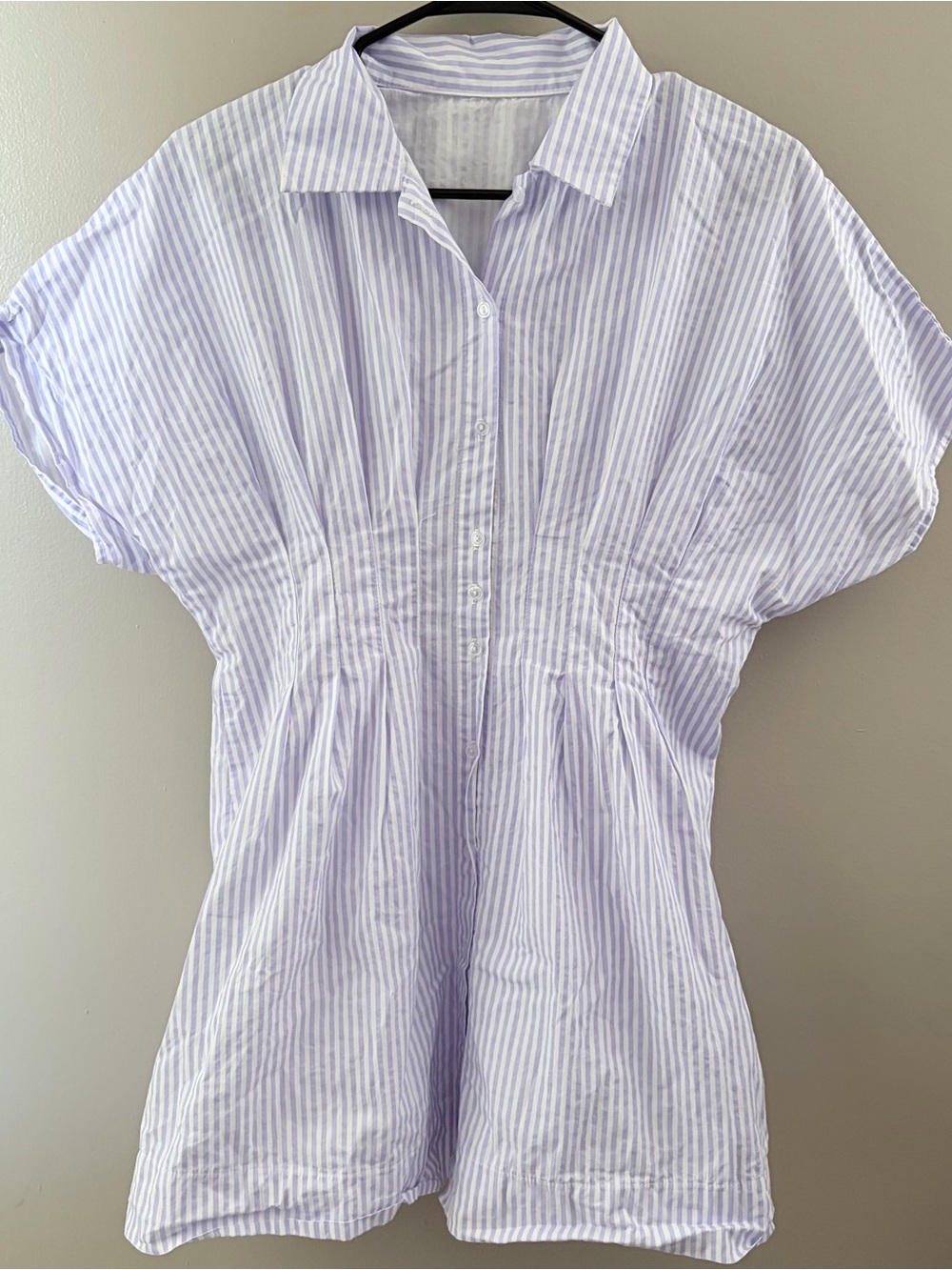Boutique Lavender Striped Cotton Button Down Mini Dress Ruched Waist Small